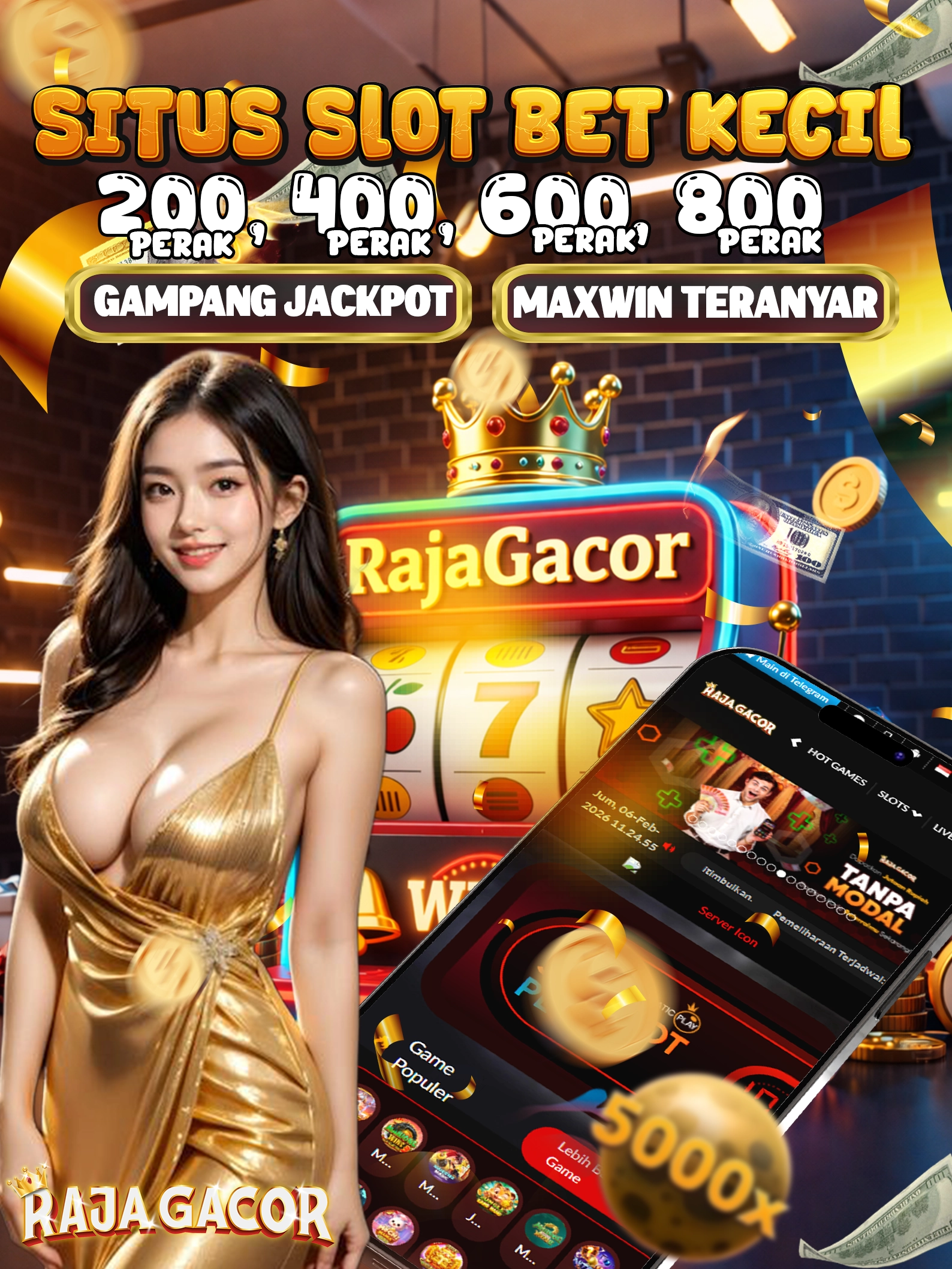RAJAGACOR menyuguhkan situs slot bet kecil resmi teranyar membongkar jackpot dari bet 200, 400, 600, 800 perak saja bisa menangkan maxwin hingga jutaan rupiah.